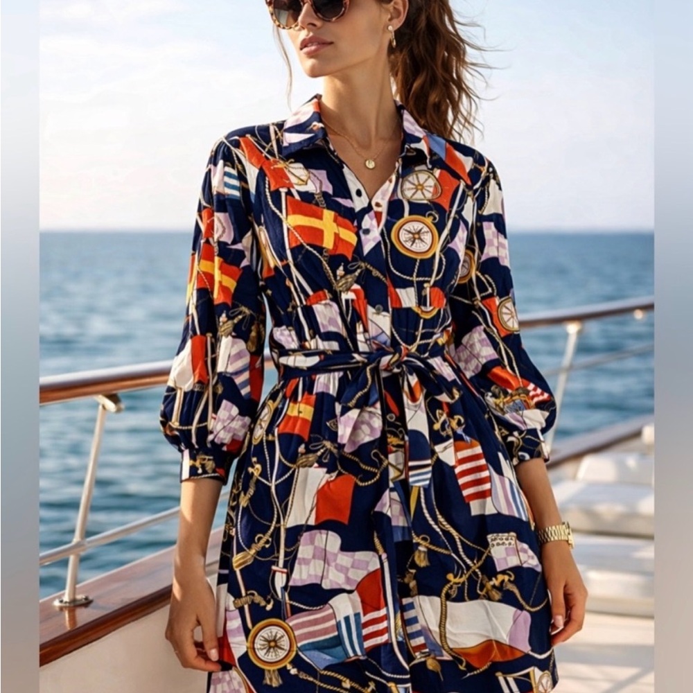 Maeve Navy Nautical Print Tie-Waist Shirt Dress